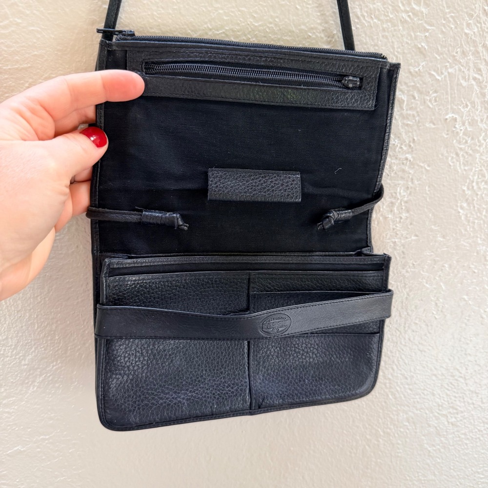 Vintage Fossil Black Pebbled Leather Crossbody Organizer Bag Minimalist Small - Picture 3 of 5